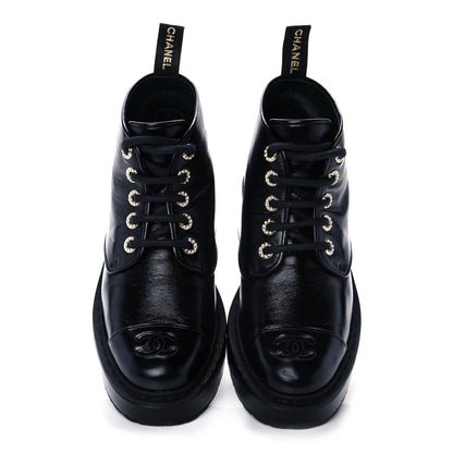 Chanel Shiny Calfskin Pearl Lace Up Combat Short Boots 38.5 Black 5 of 9