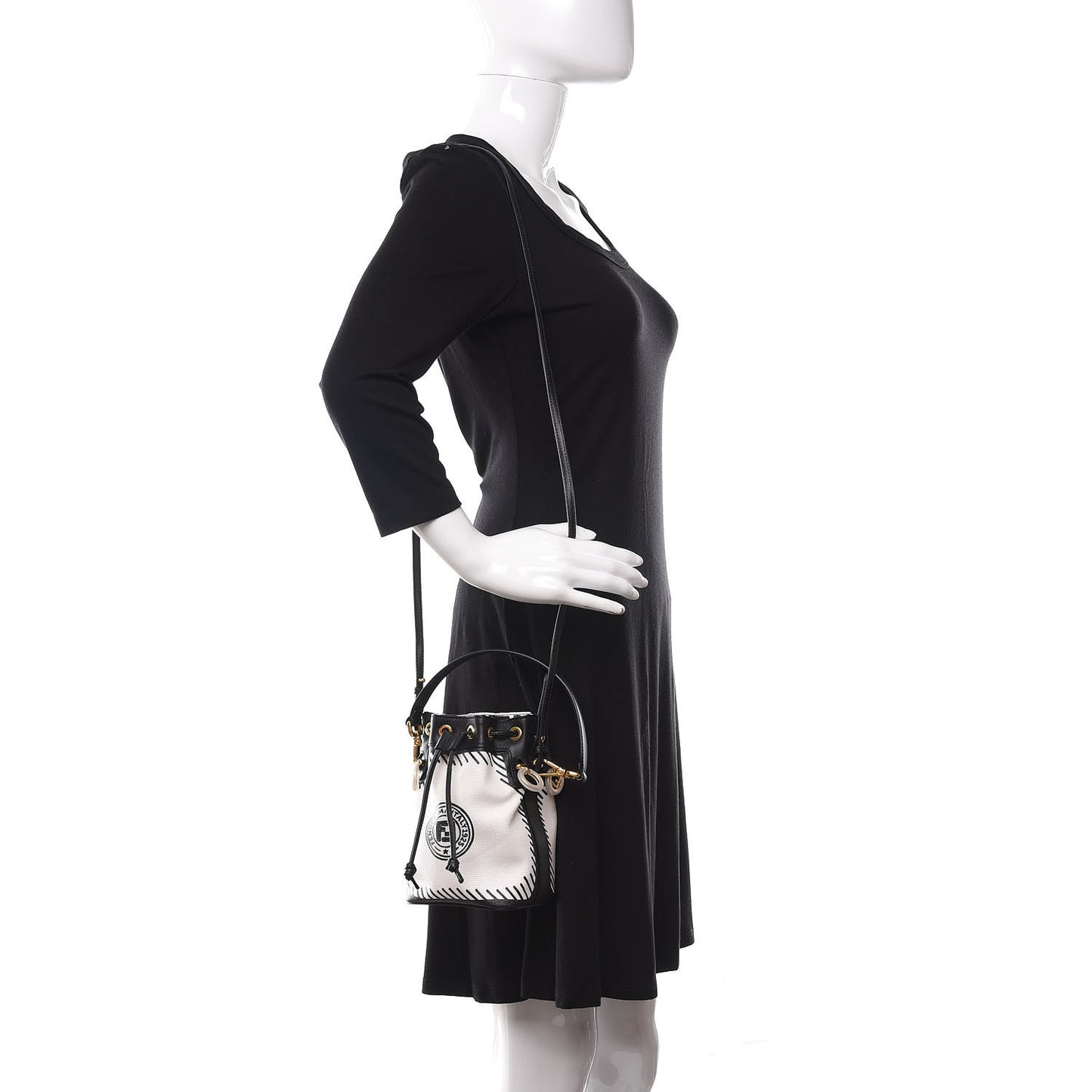 X JOSHUA VIDES Canvas Calfskin F is Mini Mon Tresor Bucket Bag White Black