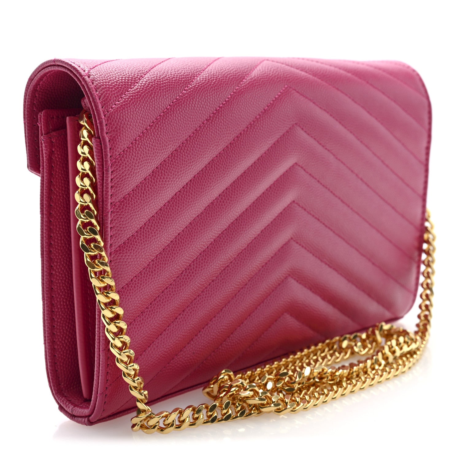 Saint Laurent Grain De Poudre Matelasse Chevron Monogram Chain Wallet Hot Pink 3 of 10