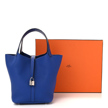 Hermes Taurillon Clemence Ostrich Touch Picotin Lock 22 Bleu Electrique 10 of 10