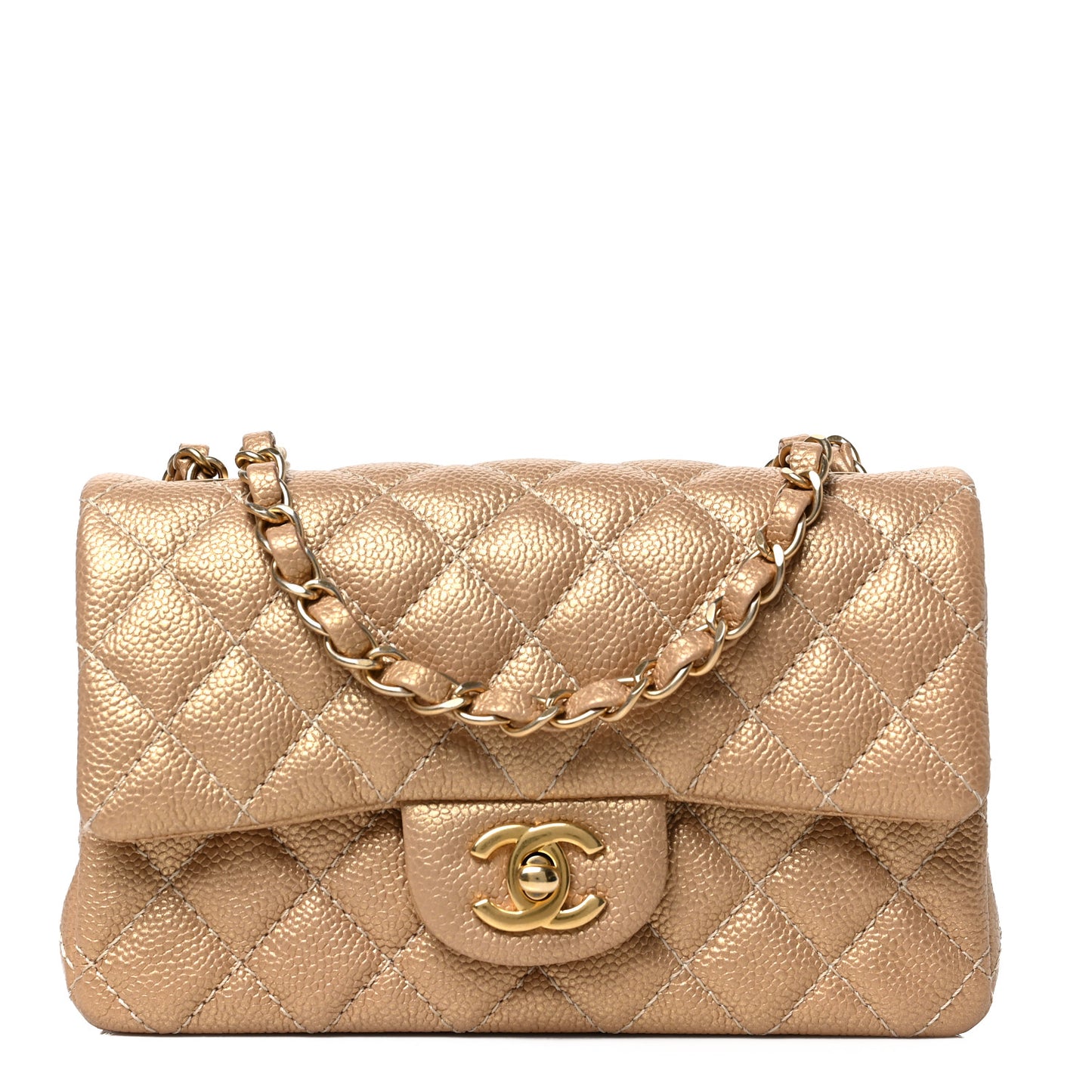 Pearly Caviar Quilted Mini Rectangular Flap Gold