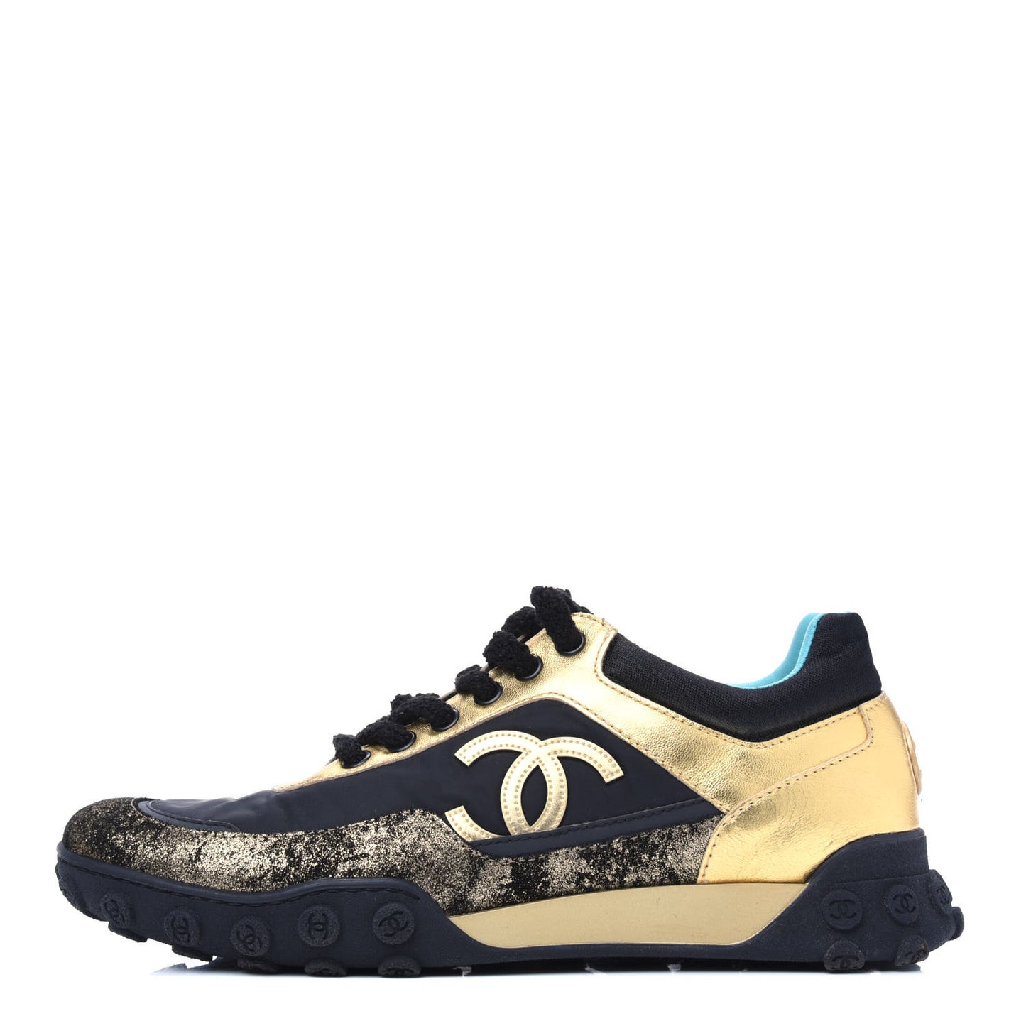 Metallic Lambskin Satin Finish Womens CC Sneakers 36 Black Gold