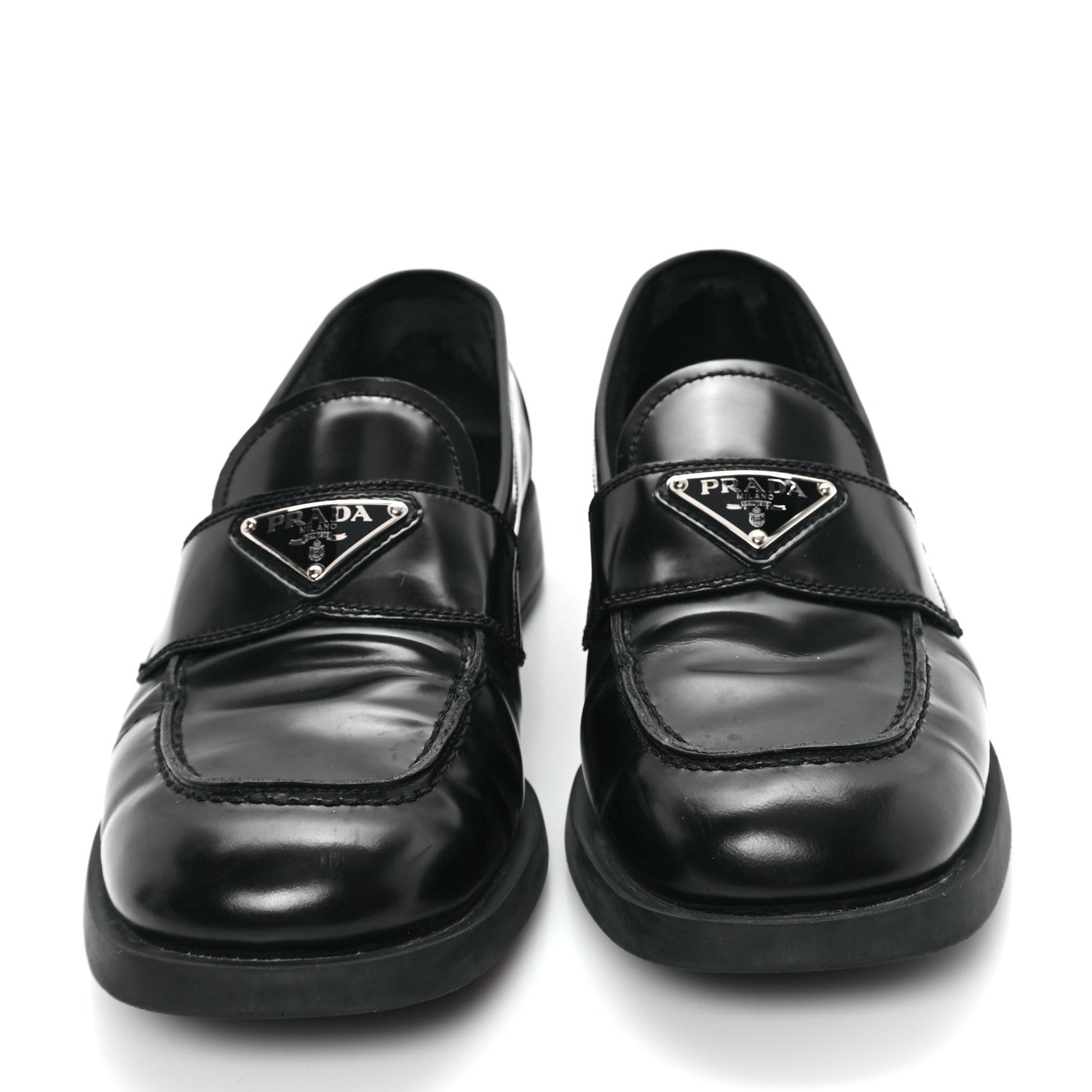 Prada Spazzolato Metal Triangle Logo 20mm Loafers 39.5 Black 3 of 11