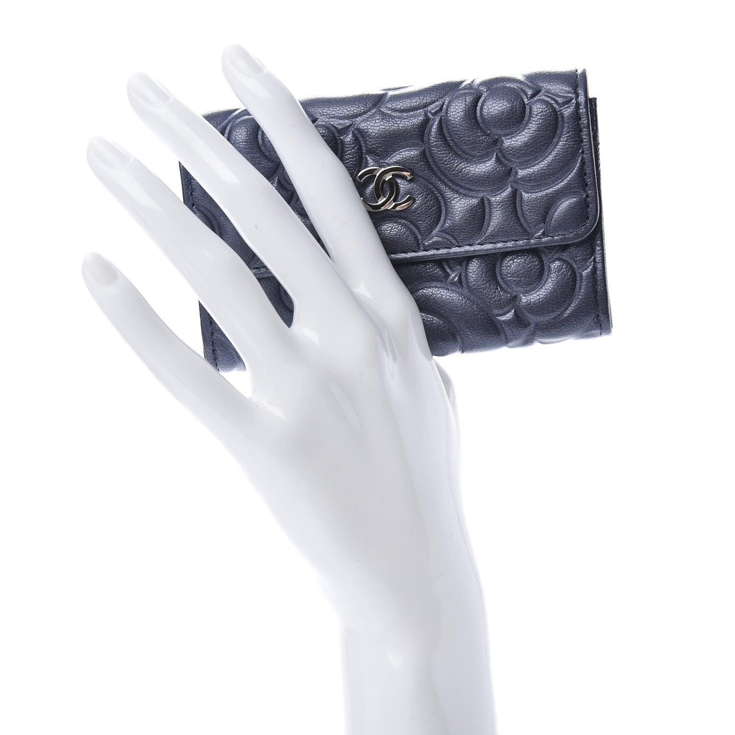 Chanel Goatskin Camellia Embossed Flap Card Holder Wallet Dark Blue 2 of 9
