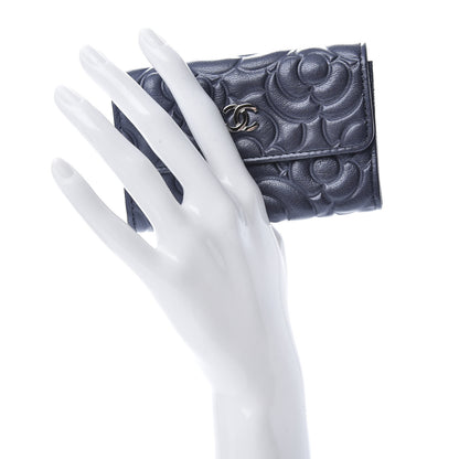 Chanel Goatskin Camellia Embossed Flap Card Holder Wallet Dark Blue 2 of 9