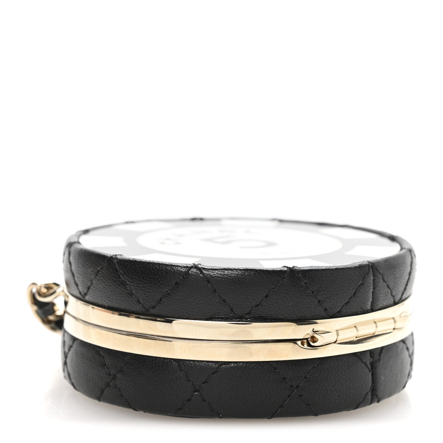 Lambskin Enamel Quilted Round Poker Chip Clutch With Chain Black White