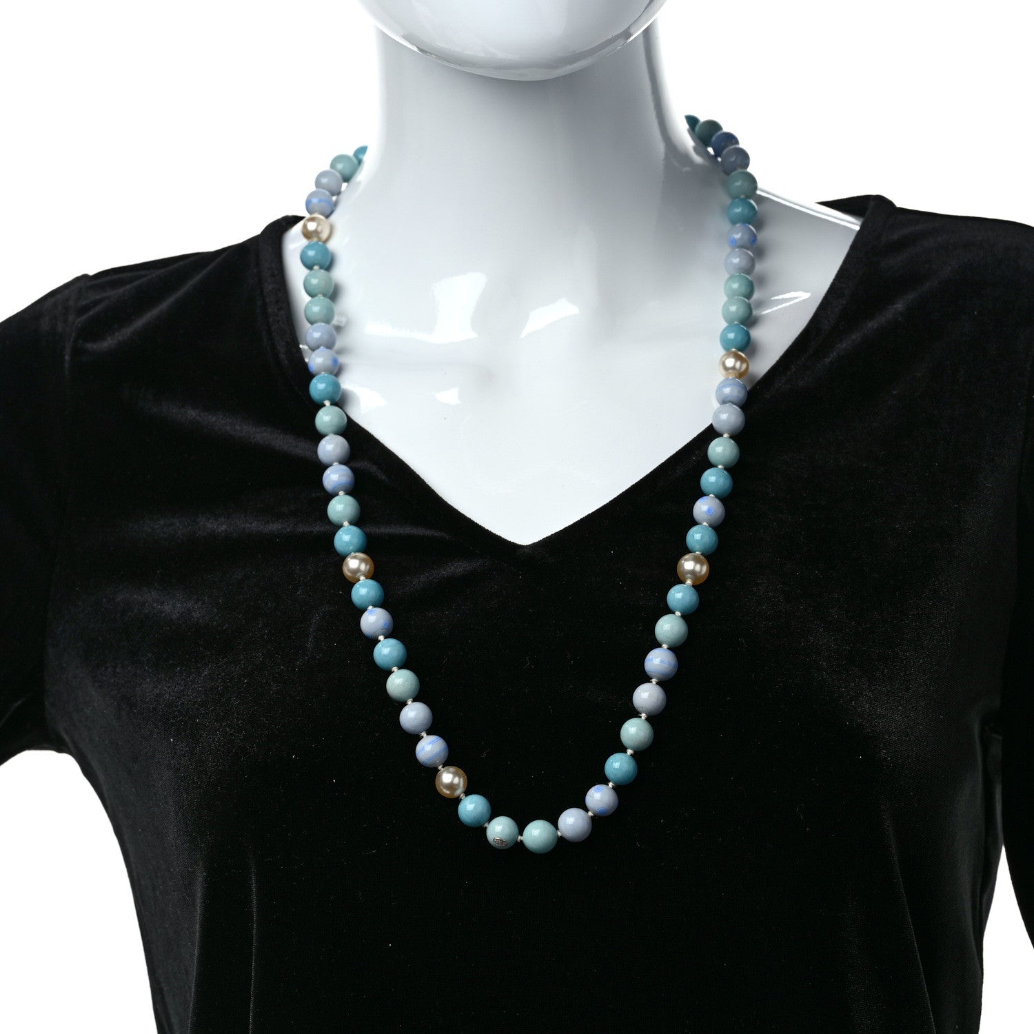 Chanel Pearl Beaded Ribbon Necklace Blue 2 of 5