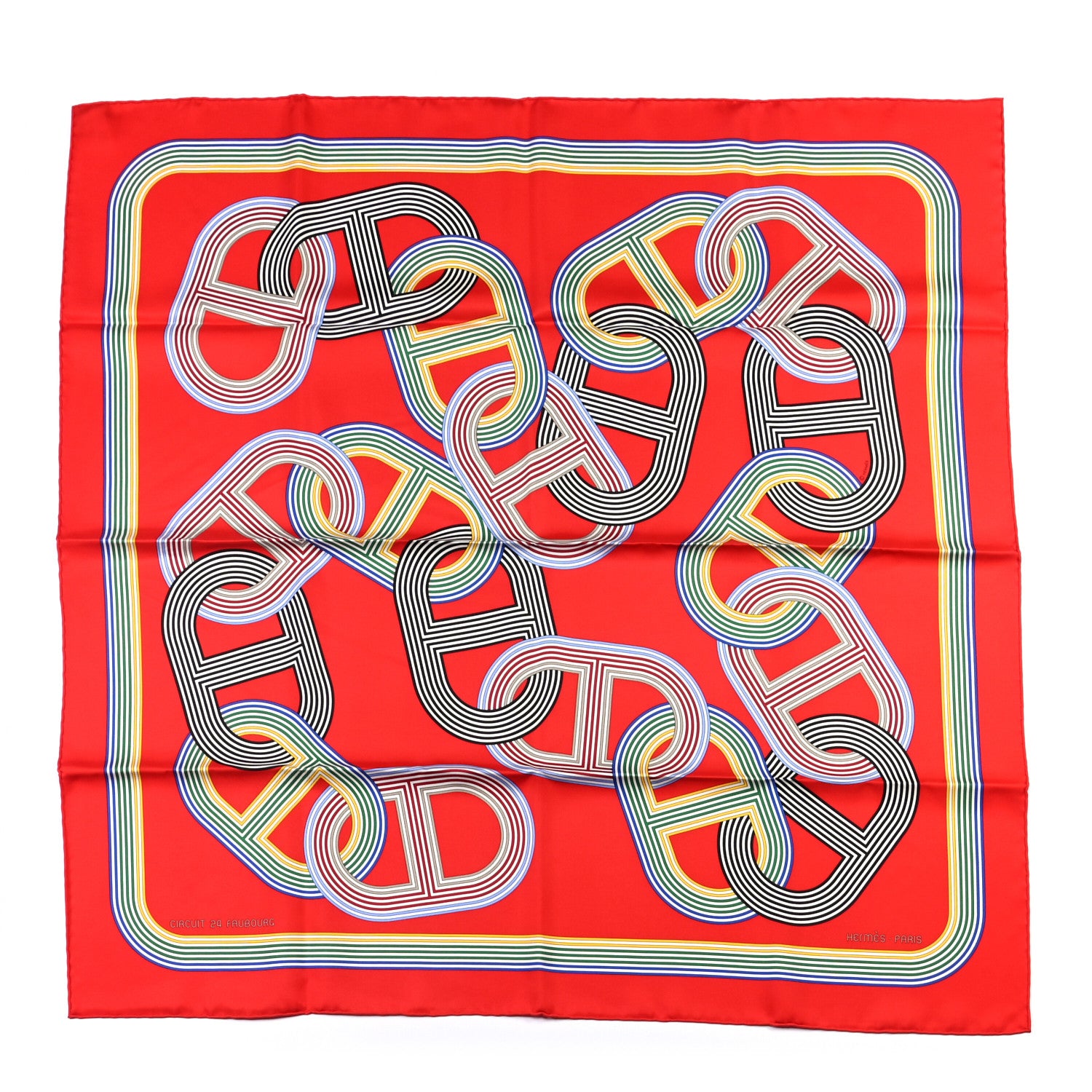 Hermes Silk Circuit 24 Faubourg Chemise Scarf 90 Rouge Vert Multicolor 1 of 5