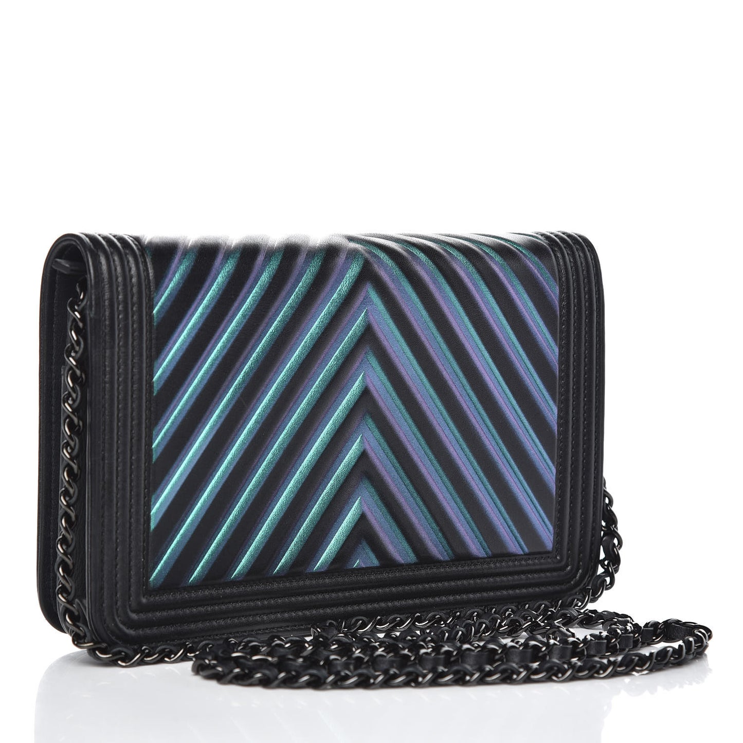 Calfskin Painted Chevron Embossed Boy Wallet On Chain WOC Black
