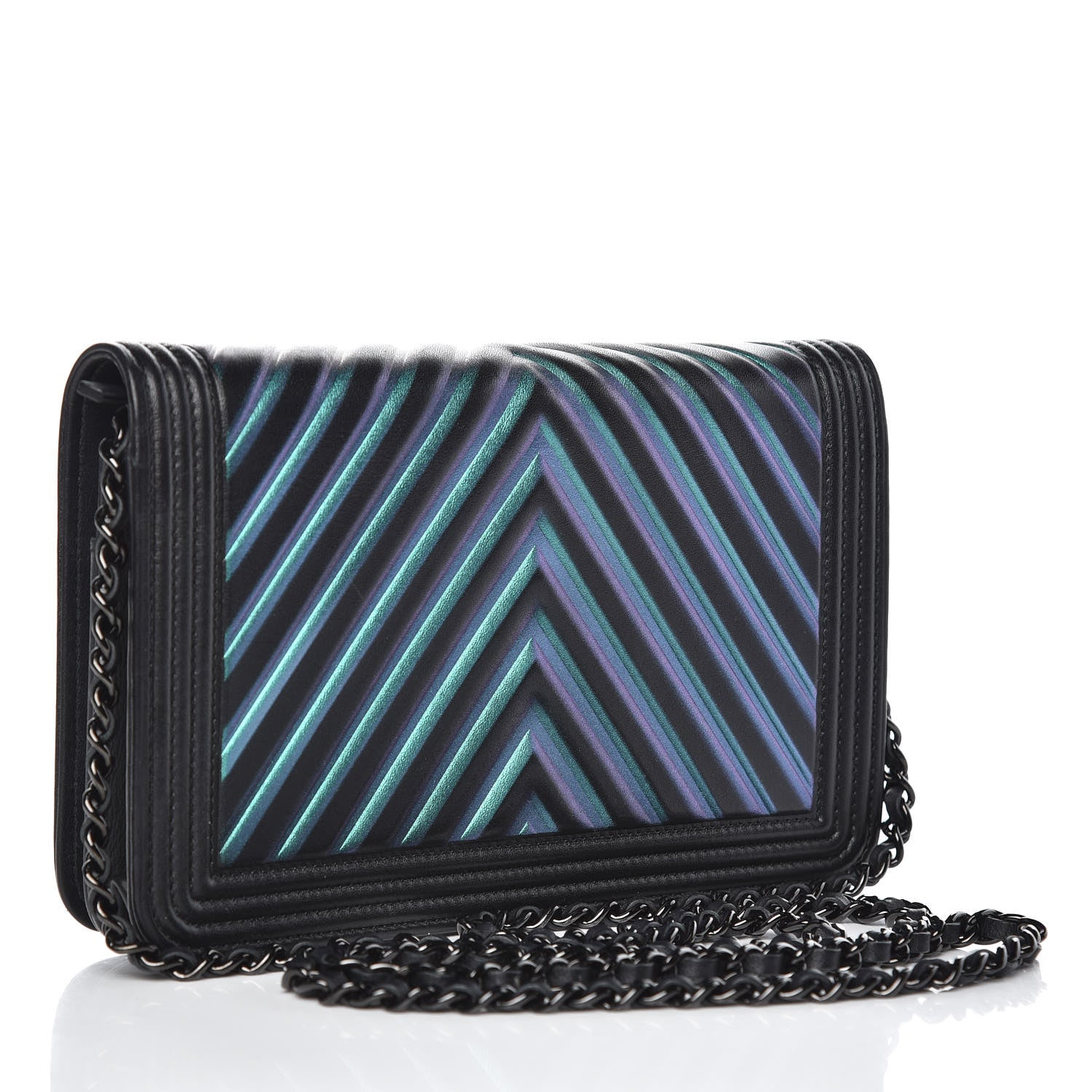 Chanel Calfskin Painted Chevron Embossed Boy Wallet On Chain WOC Black 3 of 11