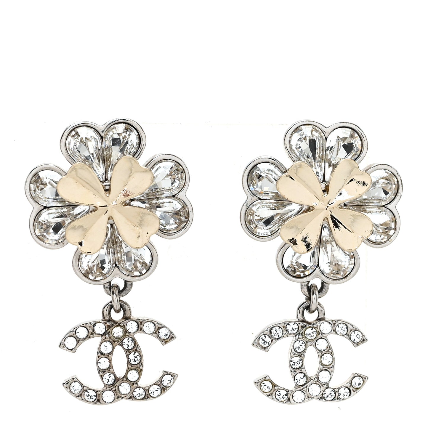 Crystal CC Clover Drop Earrings Silver Gold