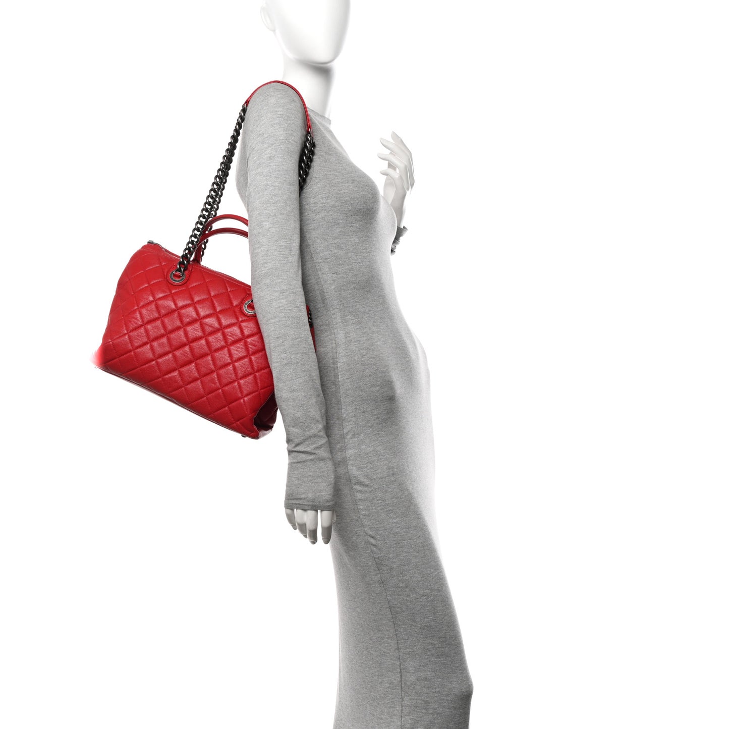 Shiny Sheepskin Quilted Medium Shopping Tote Red