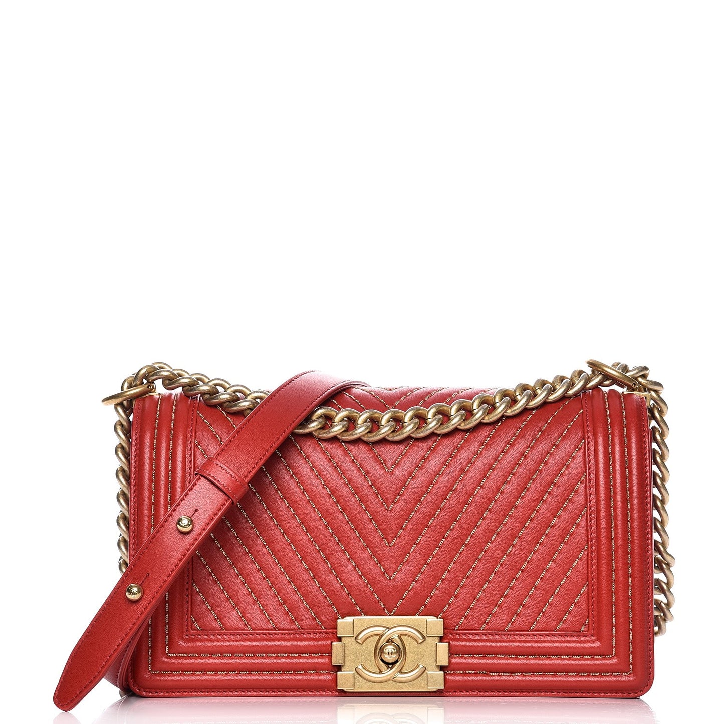 Lambskin Chevron Chain Stitched Medium Boy Flap Red