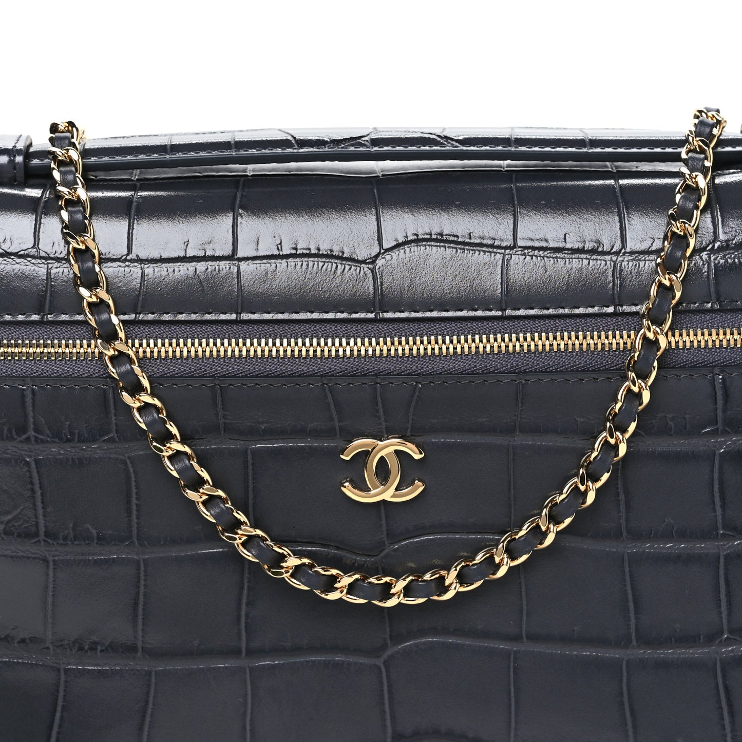 Calfskin Crocodile Embossed Exoticoco Large Supple Trapeze Vanity With Chain  Grey