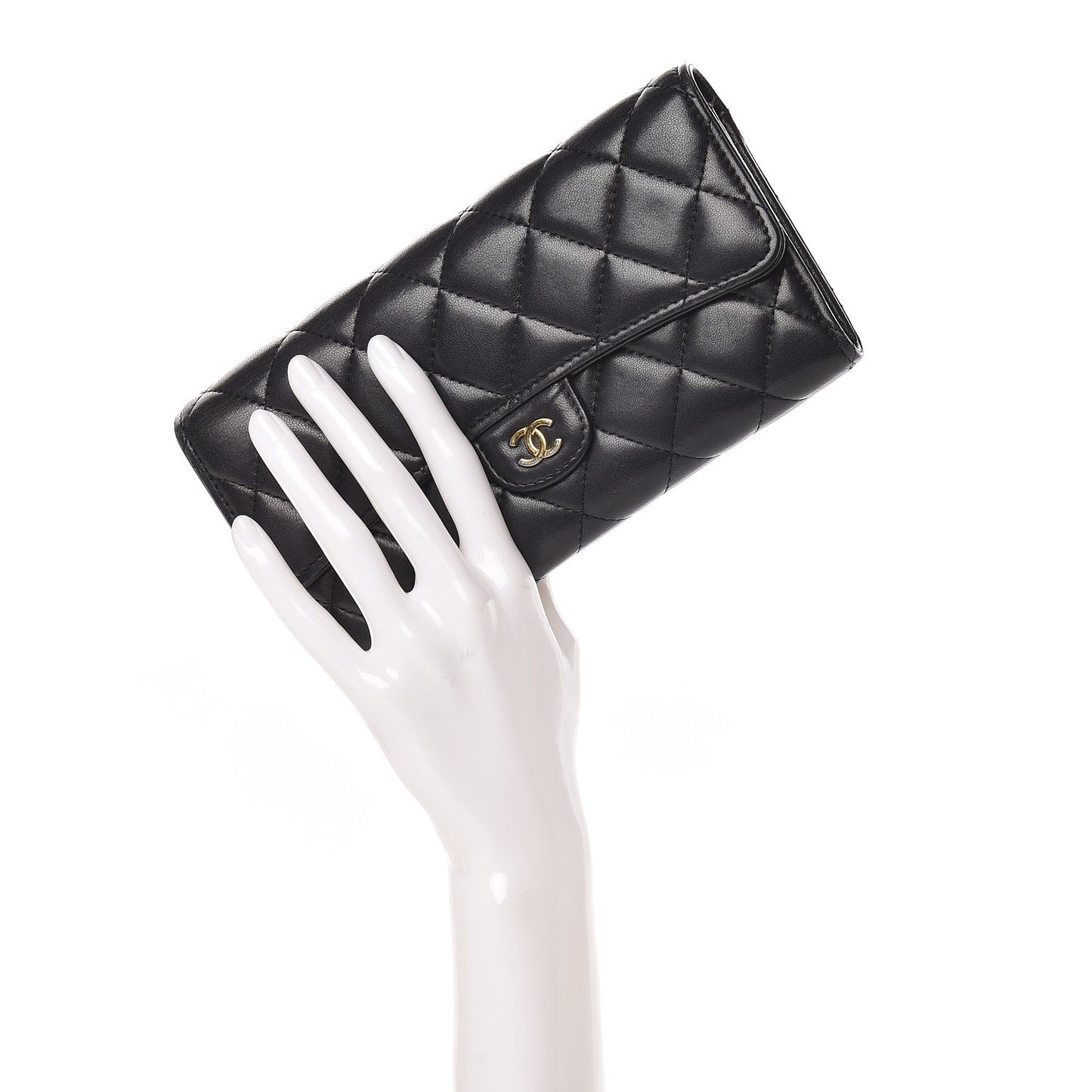 Lambskin Quilted Large Gusset Flap Wallet Black