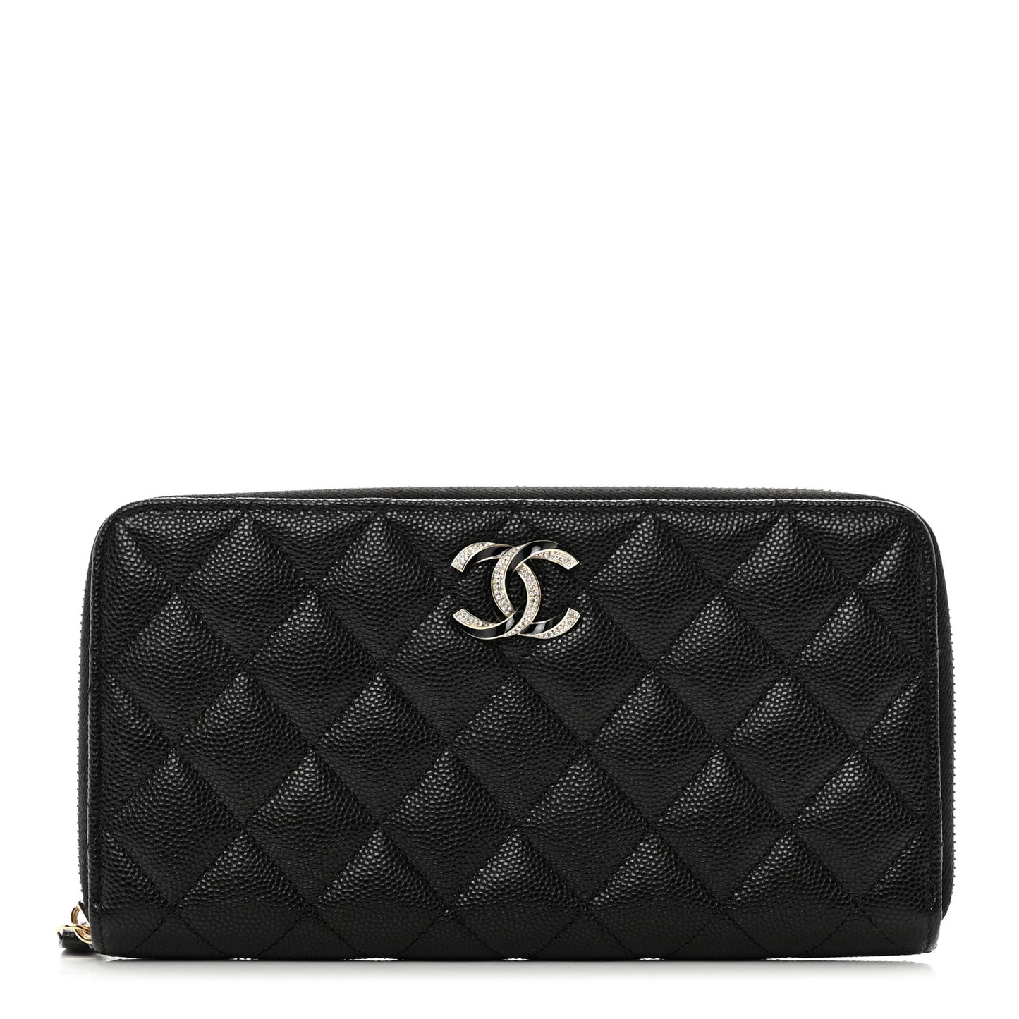 Caviar Quilted Crystal Enamel Large Gusset Zip Around Wallet Black