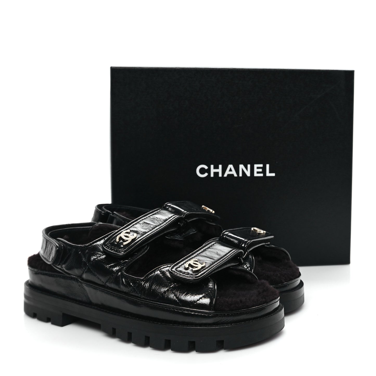 Laminated Lambskin Shearling Crystal CC Velcro Dad Platform Sandals 38 Black