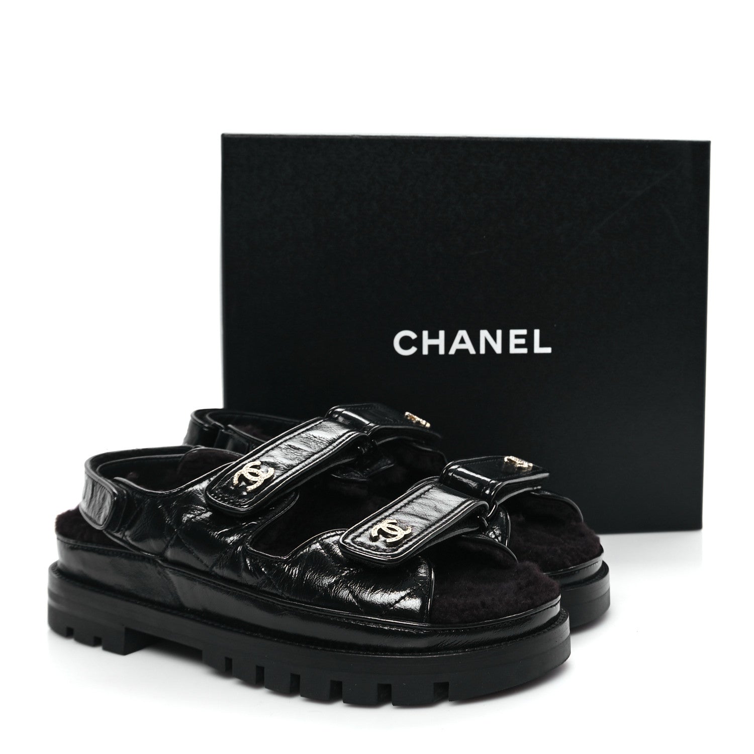 Chanel Laminated Lambskin Shearling Crystal CC Velcro Dad Platform Sandals 38 Black 11 of 11