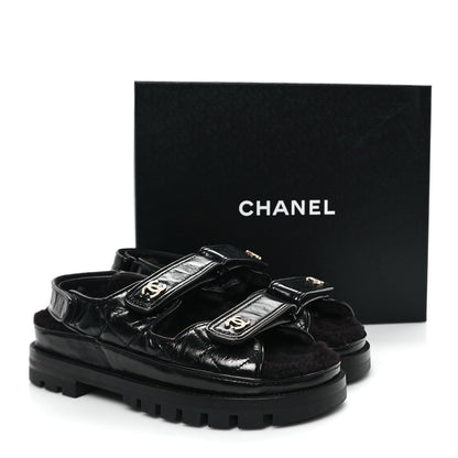 Chanel Laminated Lambskin Shearling Crystal CC Velcro Dad Platform Sandals 38 Black 11 of 11