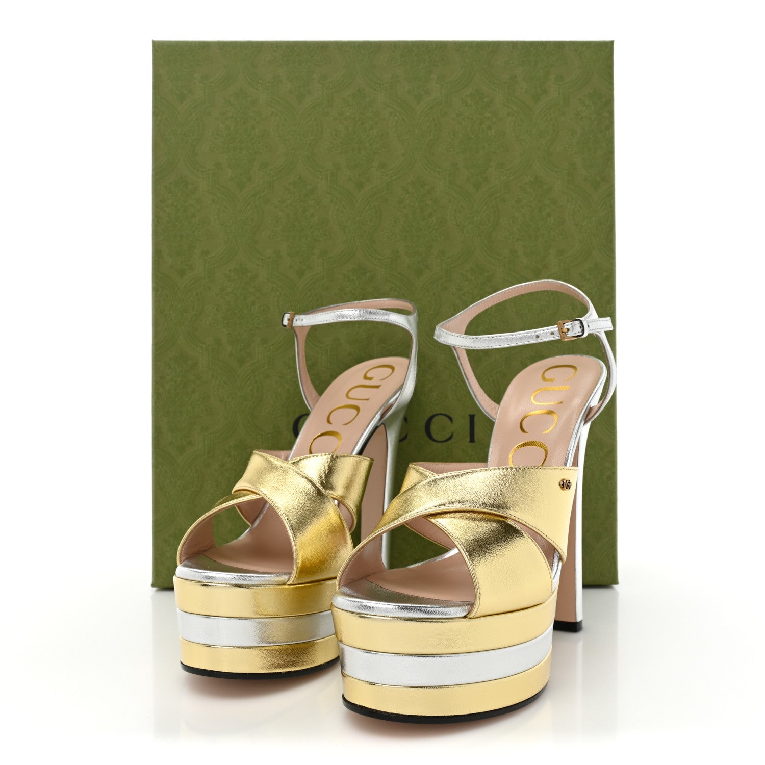 Gucci Metallic Nappa Double G 40/135mm Platform Sandals 39 Gold Silver 12 of 12