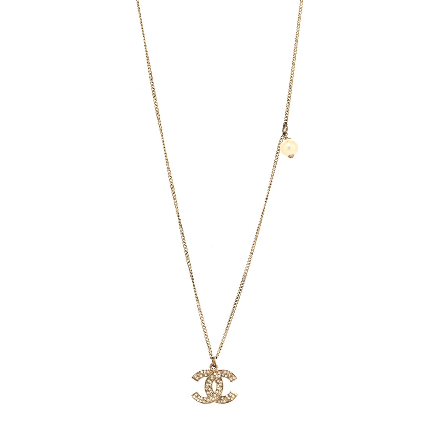 Crystal Pearl CC Pendant Necklace Gold