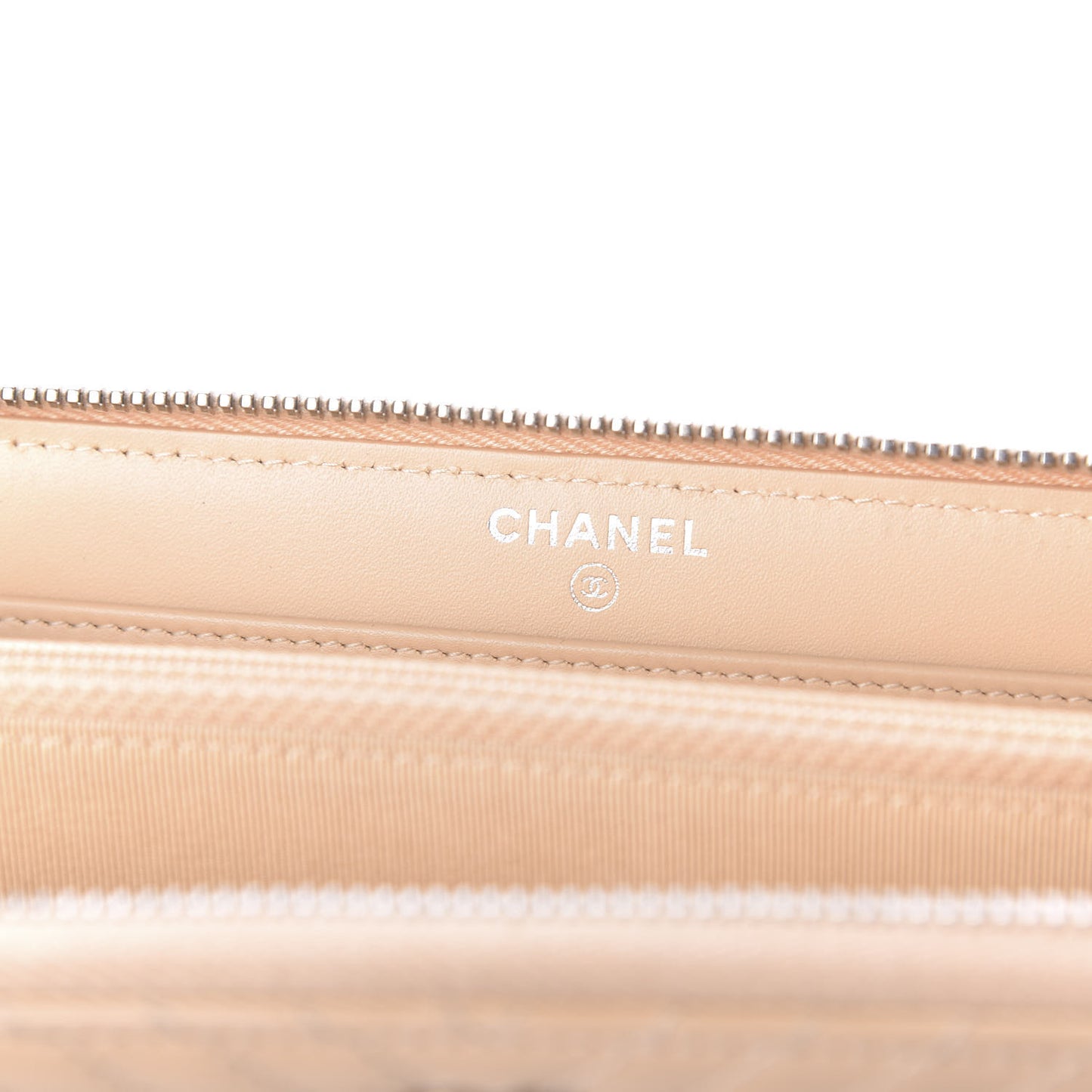 Patent Chevron Quilted Zip Around Wallet Beige