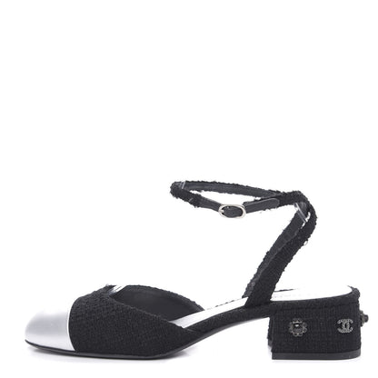 Chanel Tweed Iridescent Calfskin Cap Toe CC Slingback Pumps 40 Black Silver 1 of 8