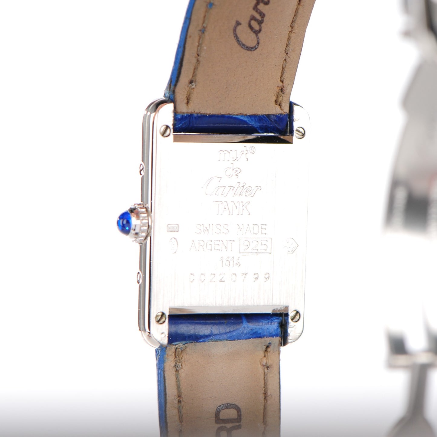 Sterling Silver Alligator 20mm Must de Cartier Tank Quartz Watch Blue
