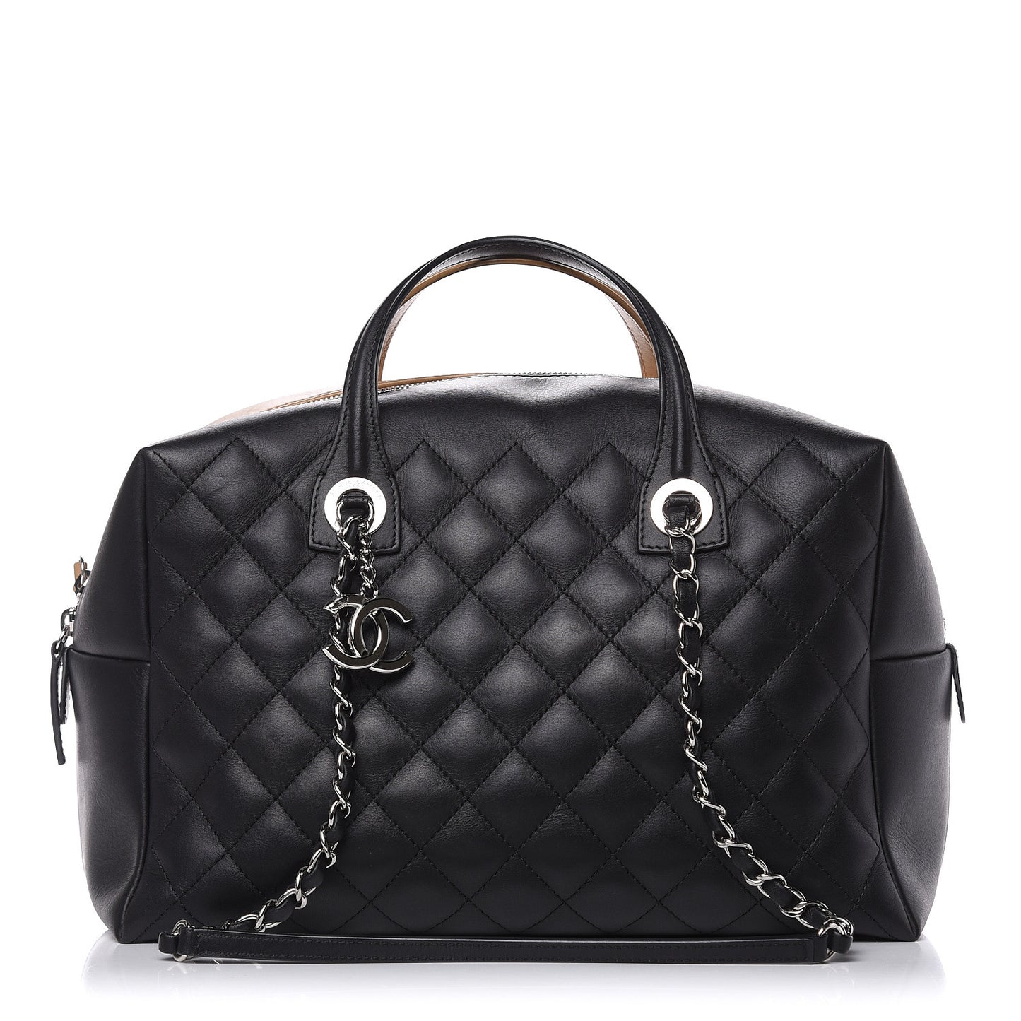 Calfskin Quilted Feather Weight Bowling Bag Black Beige