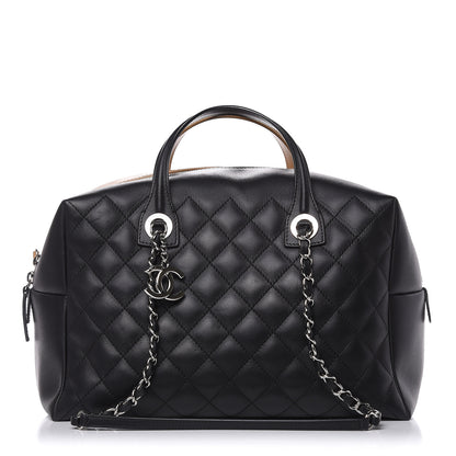 Chanel Calfskin Quilted Feather Weight Bowling Bag Black Beige 1 of 13