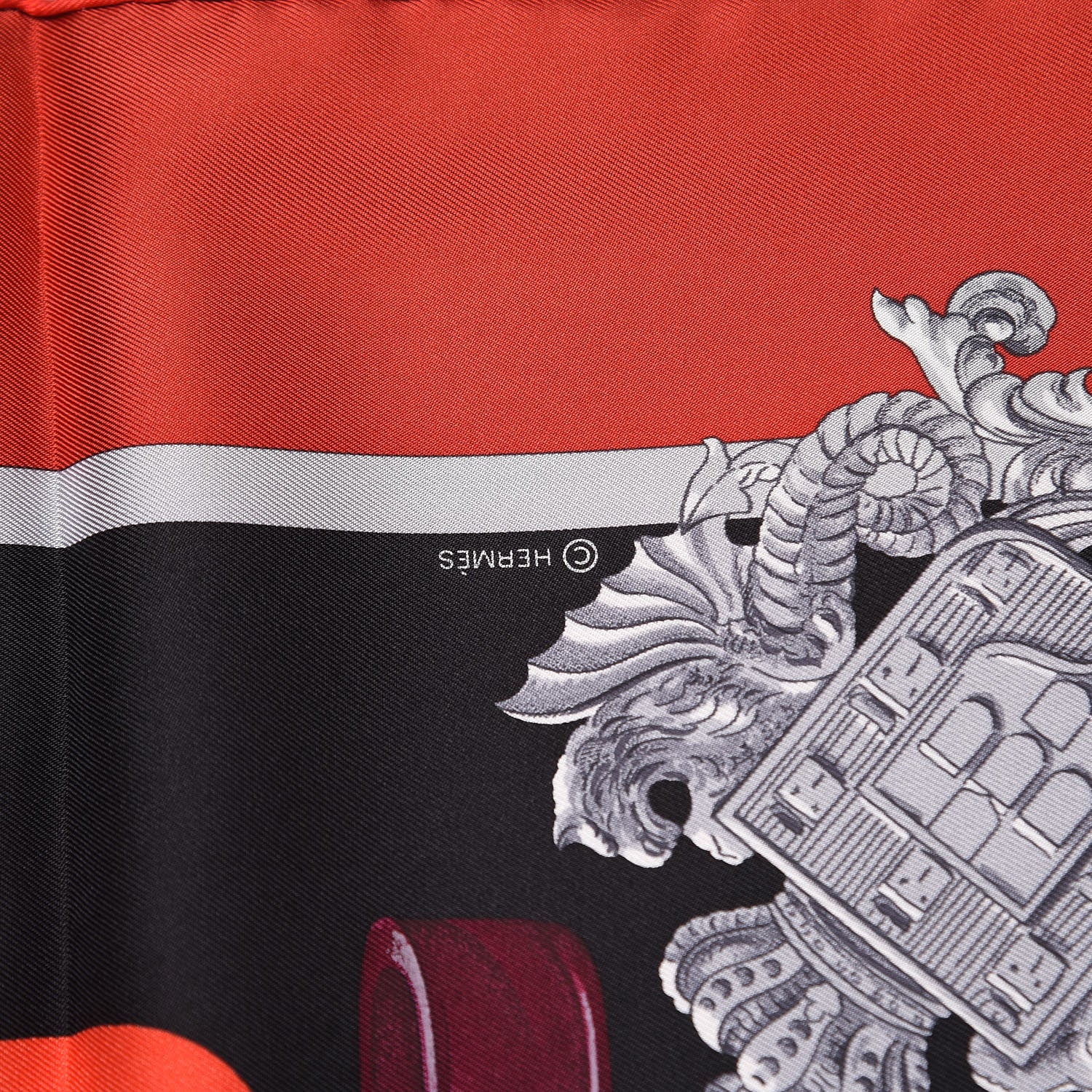 Hermes Silk Harnais De Cour Scarf 90 Bordeaux Black Corail 7 of 10