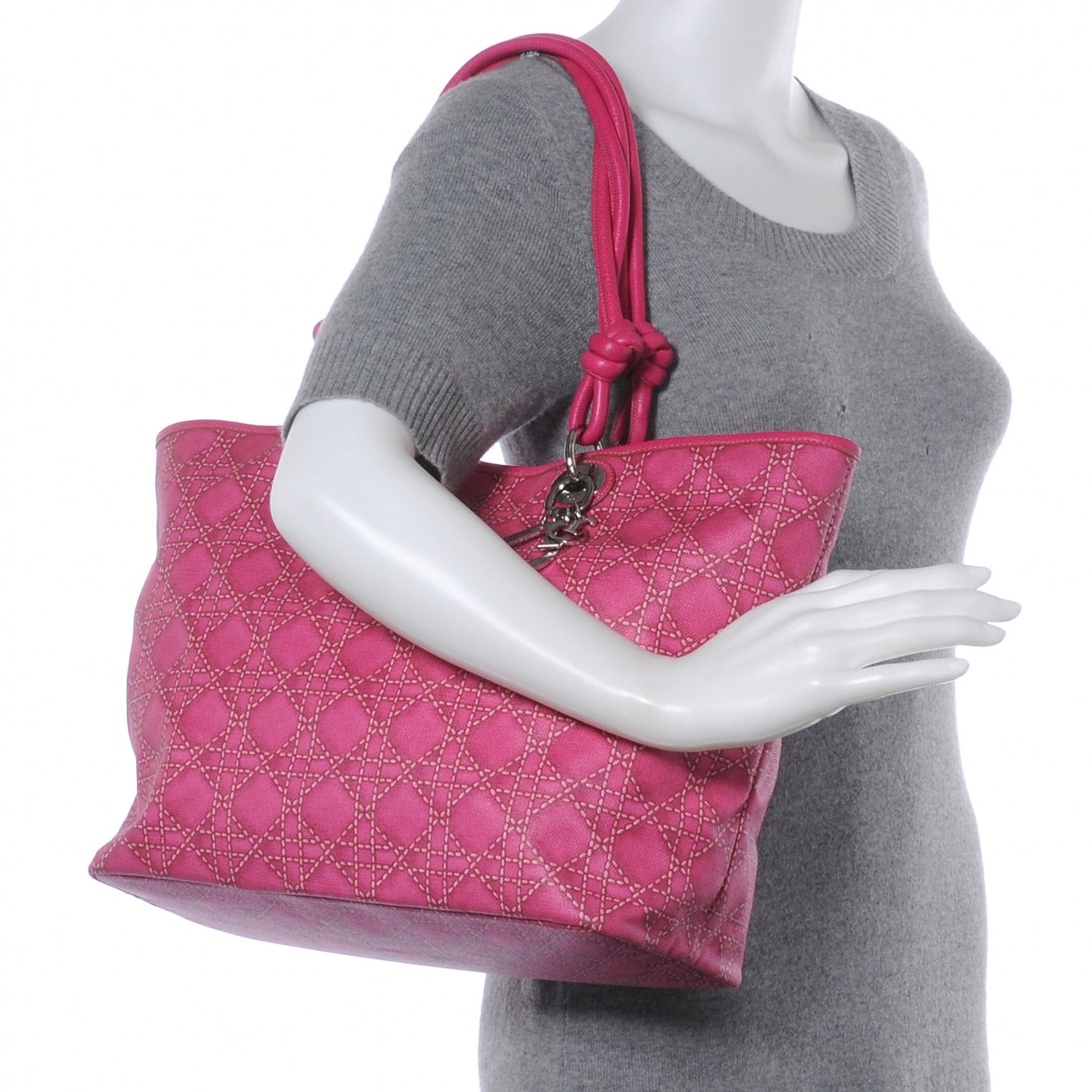 Christian Dior Coated Canvas Cannage Print Cherie Tote Pink 2 of 7