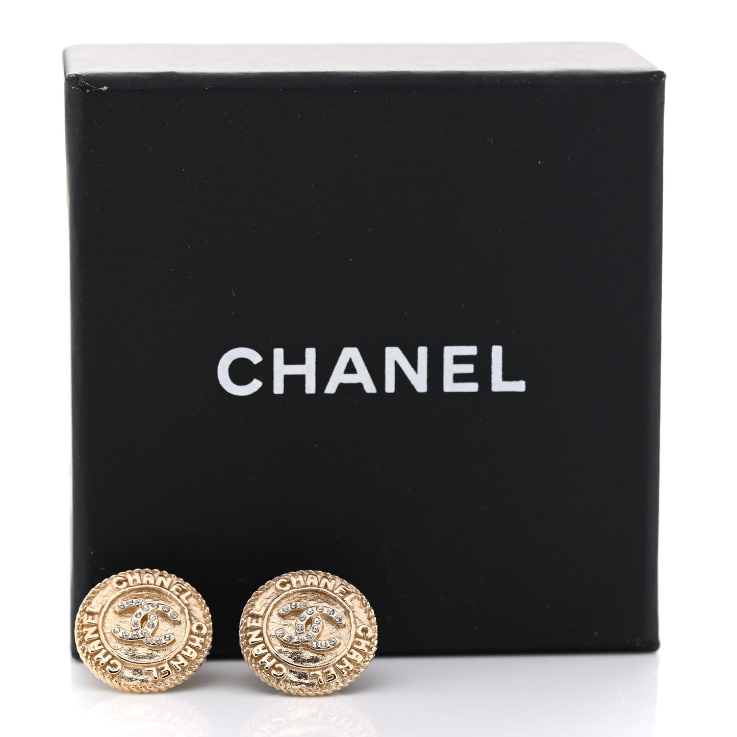 Metal Crystal CC Medallion Round Earrings Gold