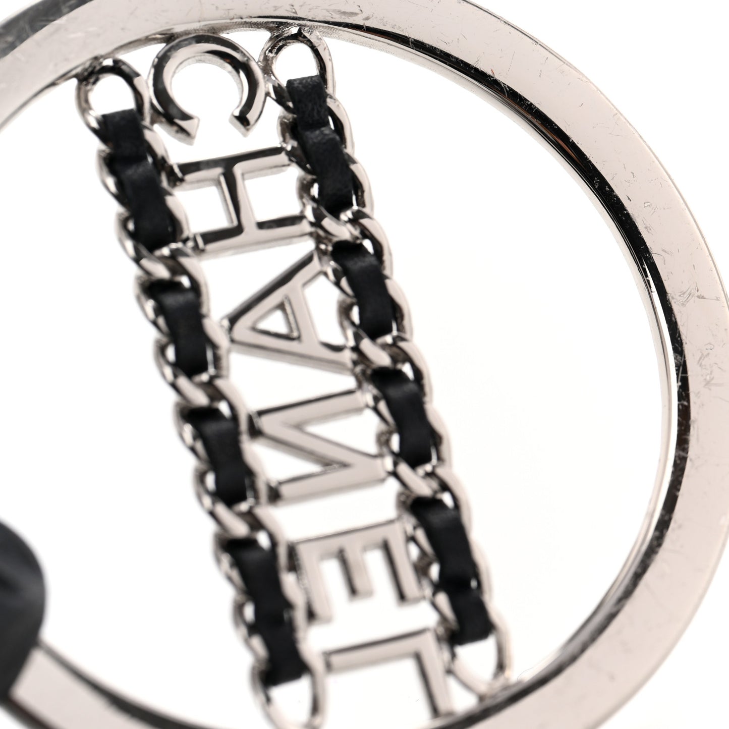 Crystal Lambskin Chain CC Hoop Clip On Earrings Black Silver