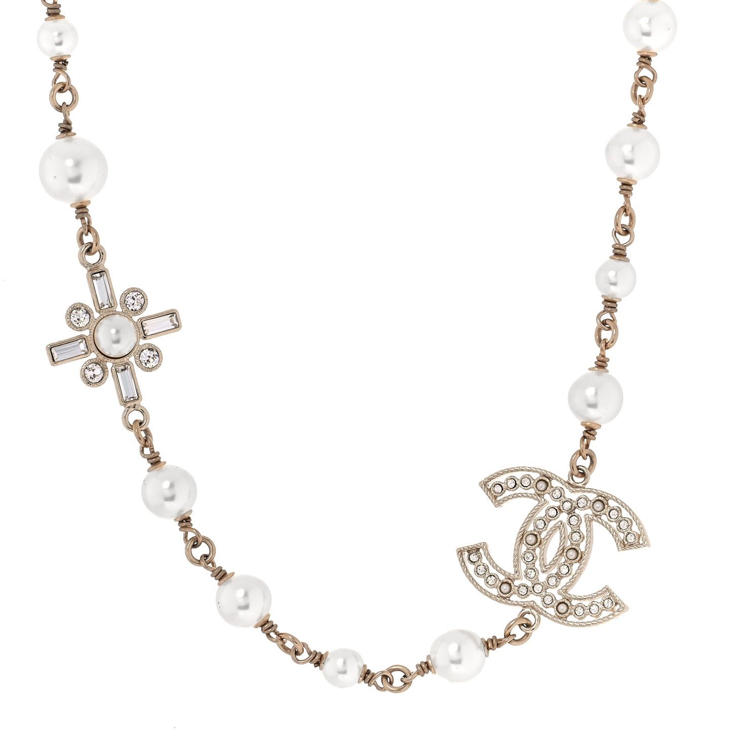 Crystal Baguette Pearl CC Cross Short Necklace Gold