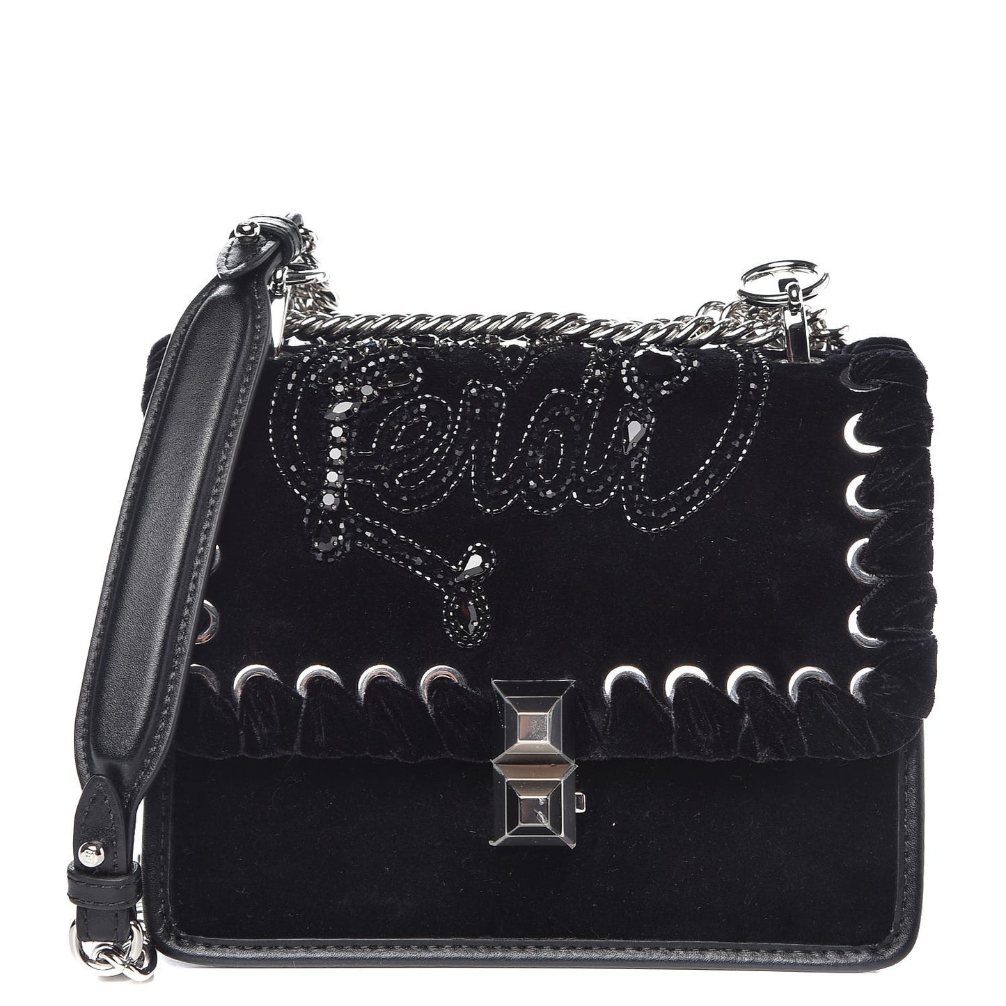 Velvet Vitello Liberty Crystal Logo Lace Up Small Kan I Shoulder Bag Black