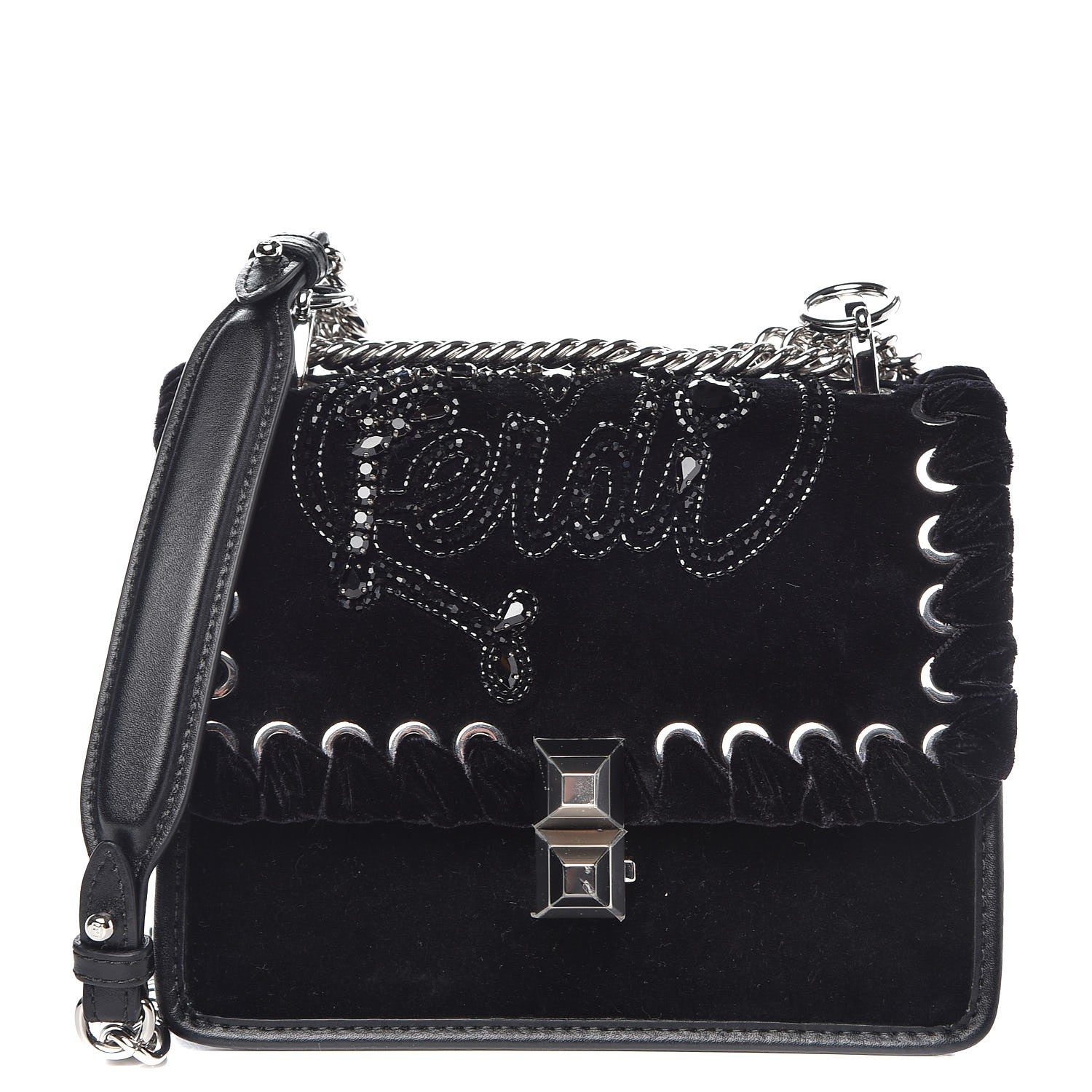 Fendi Velvet Vitello Liberty Crystal Logo Lace Up Small Kan I Shoulder Bag Black 1 of 8