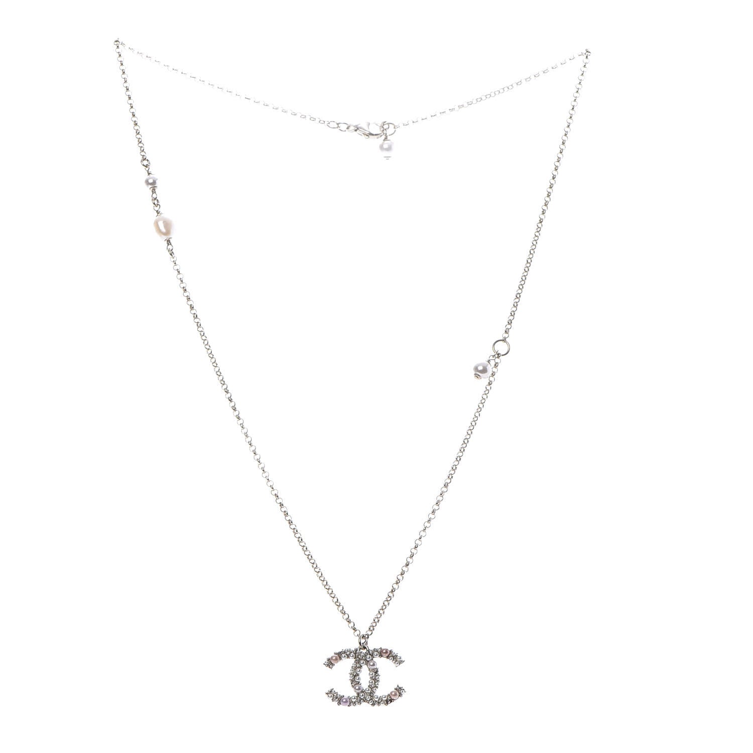 Chanel Crystal Pearl CC Pendant Necklace Gold Pink 3 of 6