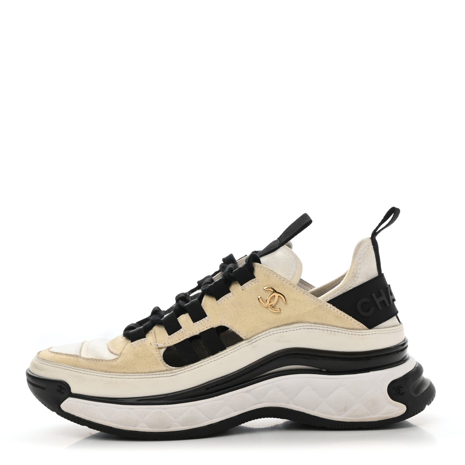 Chanel Fabric Calfskin Suede CC Sneakers 38 Ivory Black 1 of 9