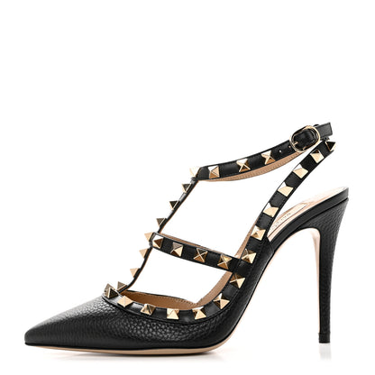 Valentino Garavani Pebbled Calfskin Rockstud Ankle Strap 100mm Pumps 36.5 Black 1 of 7