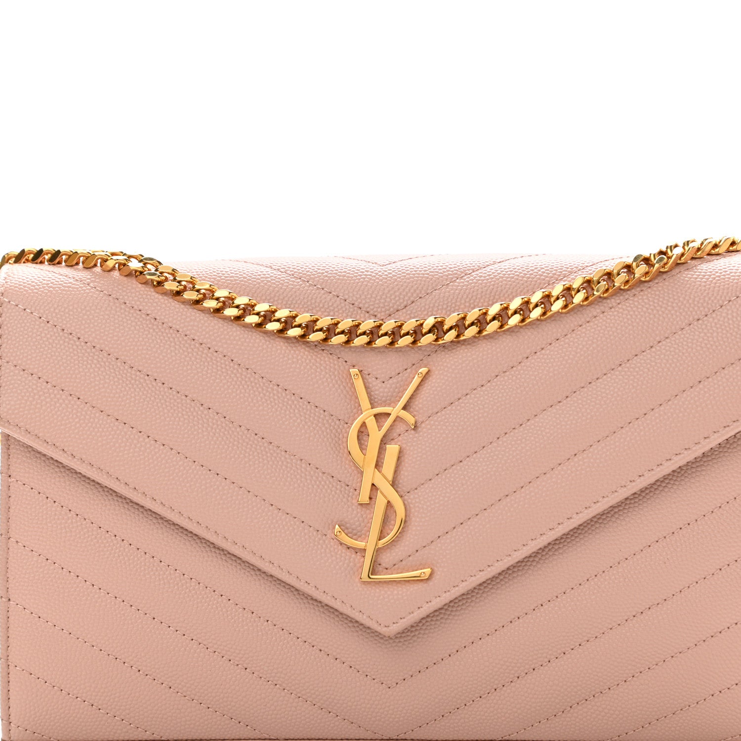 Saint Laurent Grain De Poudre Matelasse Chevron Monogram Chain Wallet Pale Blush 8 of 13