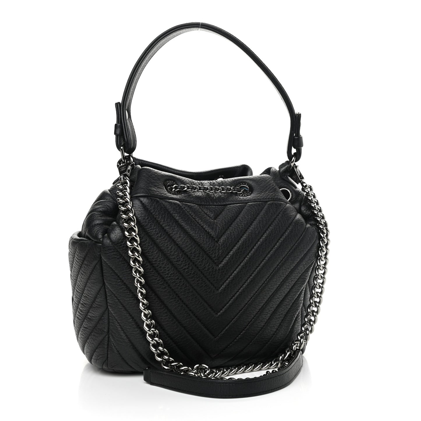 Deerskin Chevron Small CC Chain Bucket Drawstring Bag Black