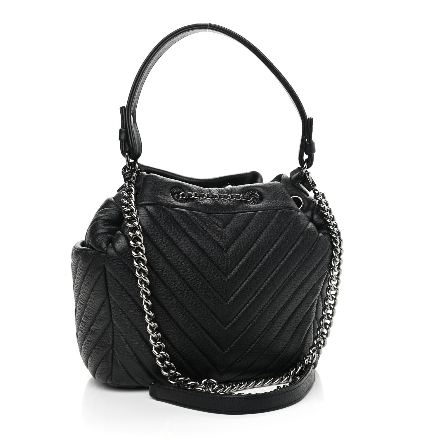 Chanel Deerskin Chevron Small CC Chain Bucket Drawstring Bag Black 3 of 11