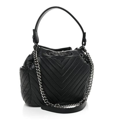 Chanel Deerskin Chevron Small CC Chain Bucket Drawstring Bag Black 3 of 11