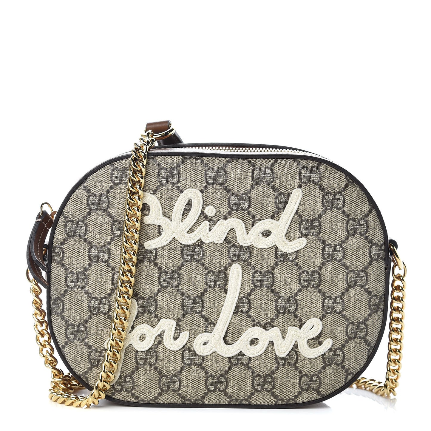 GG Supreme Monogram Blind For Love Embroidered Mini Chain Shoulder Bag Beige Tuscany