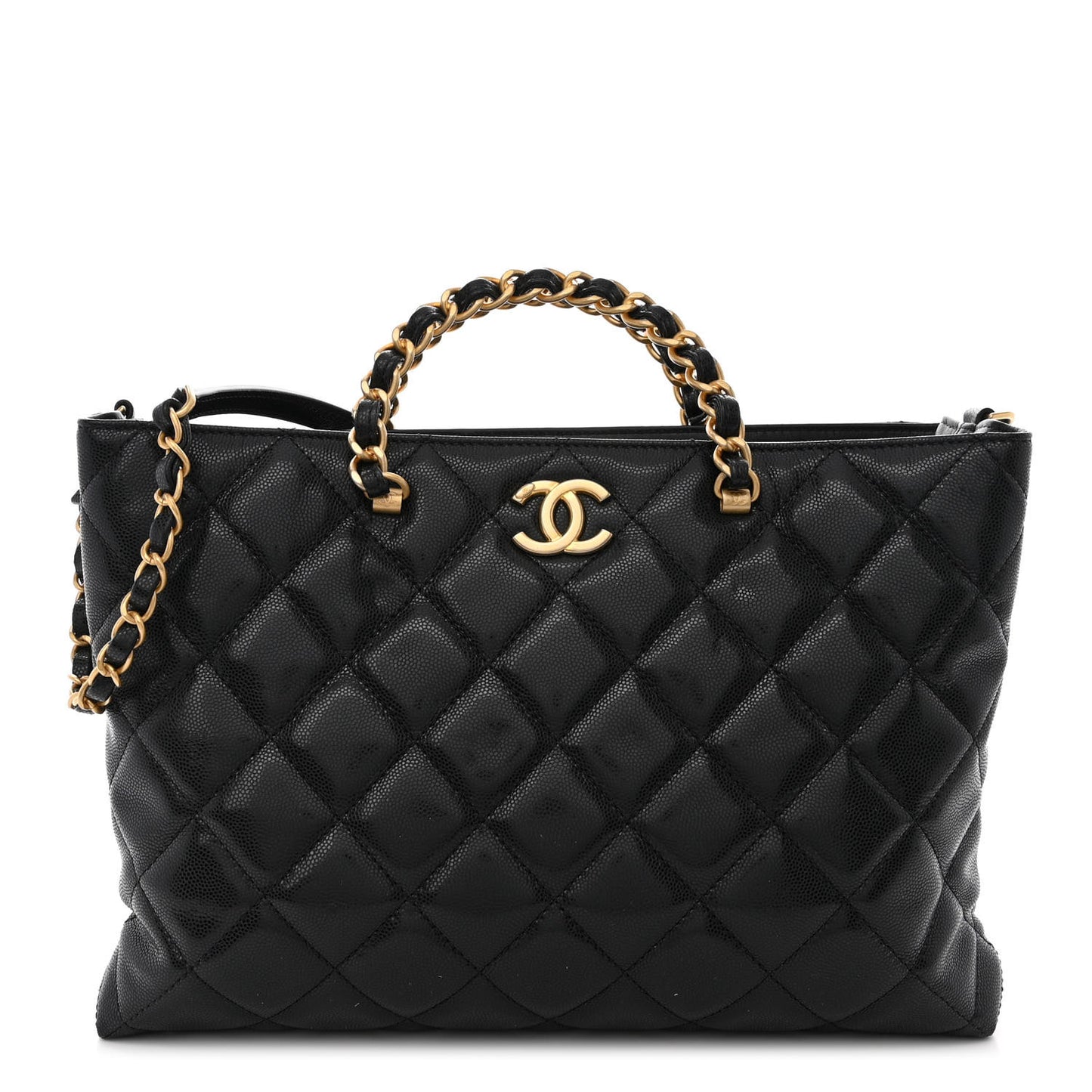 Shiny Caviar Quilted Chain Handle Shopping Tote Black