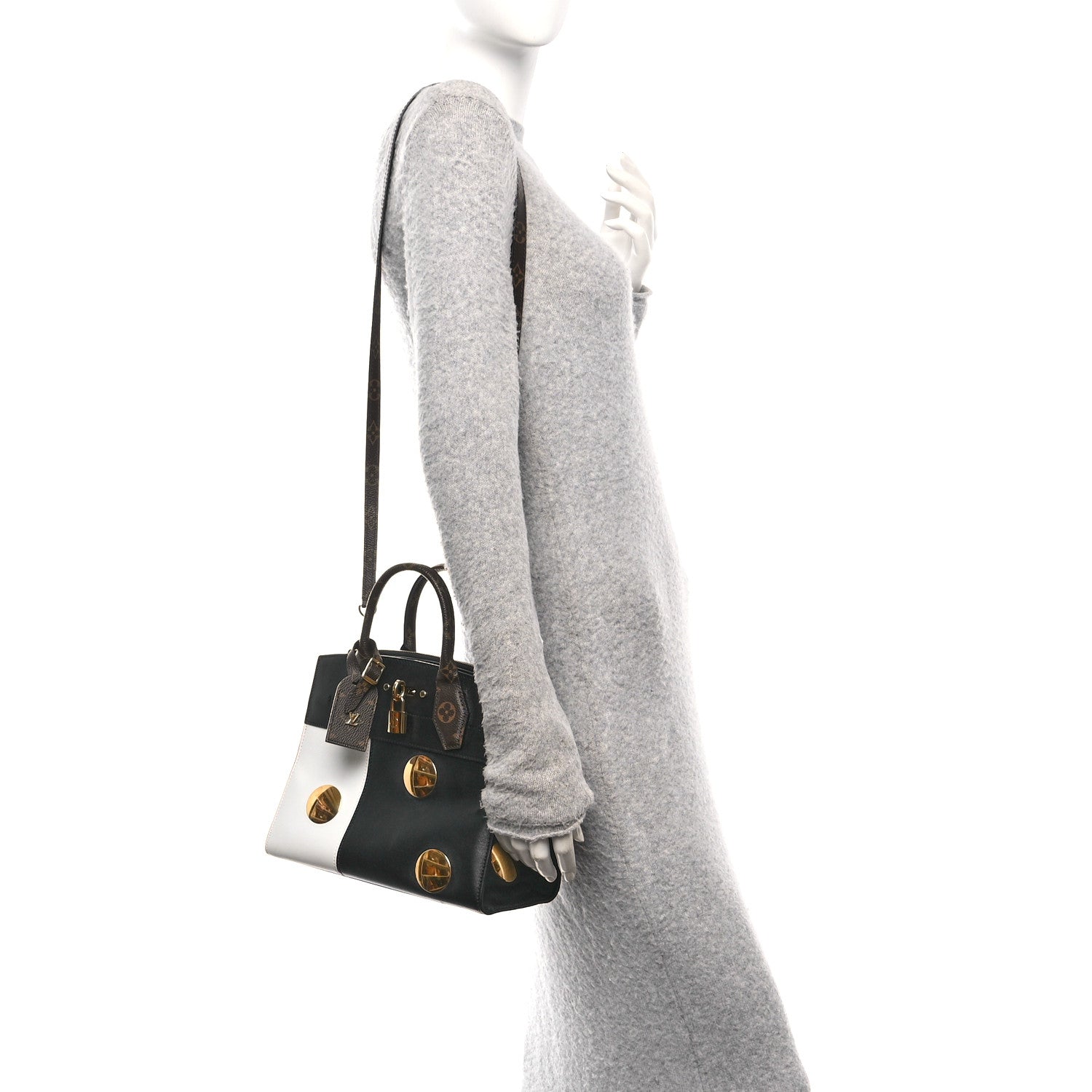 Louis Vuitton Calfskin Monogram Studded City Steamer PM Black White 2 of 9
