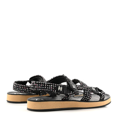 Chanel Glittered Tweed Lambskin Dad Sandals 39 Black White 5 of 9