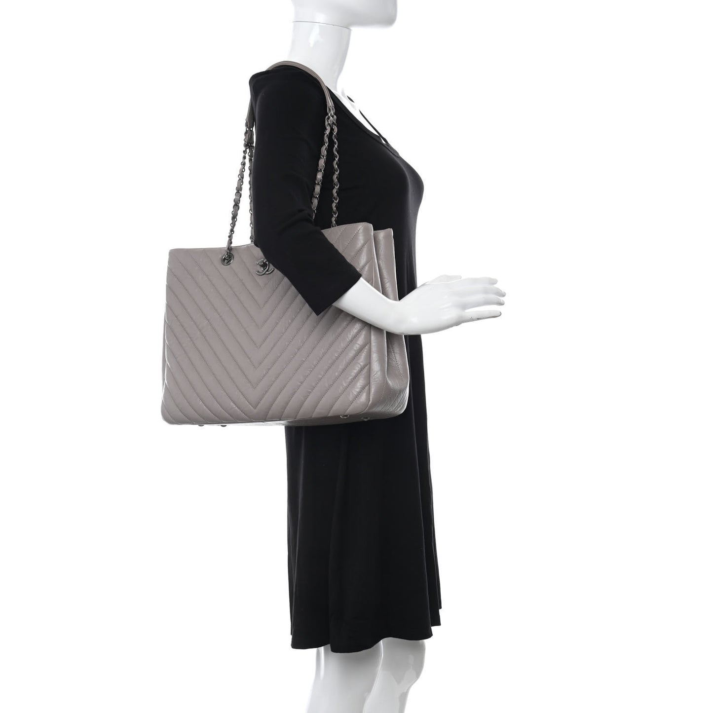 Aged Calfskin Chevron Quilted Large Classic Shopping Tote Grey