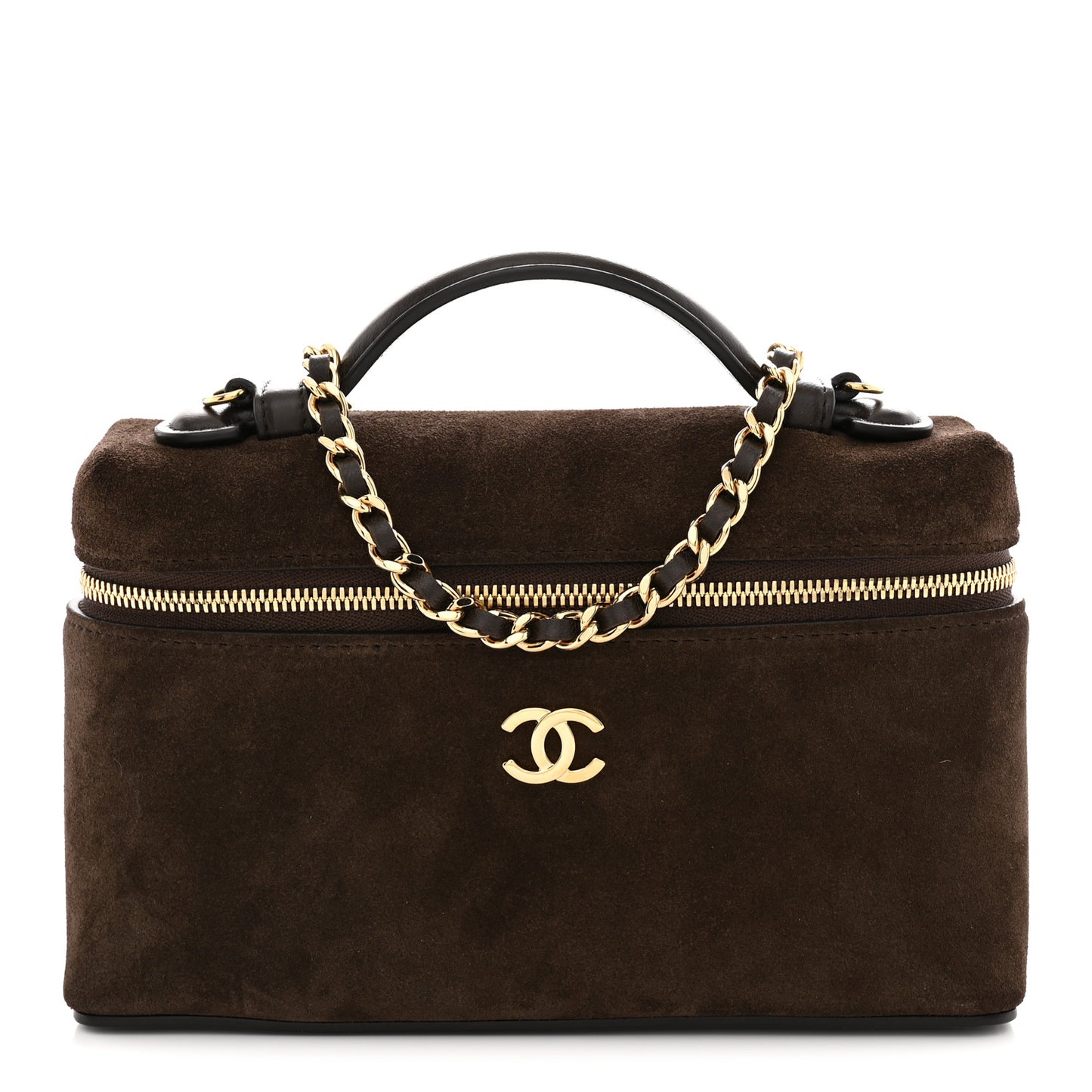 Suede Calfskin Top Handle Trapeze Small Vanity Case With Chain Dark Brown